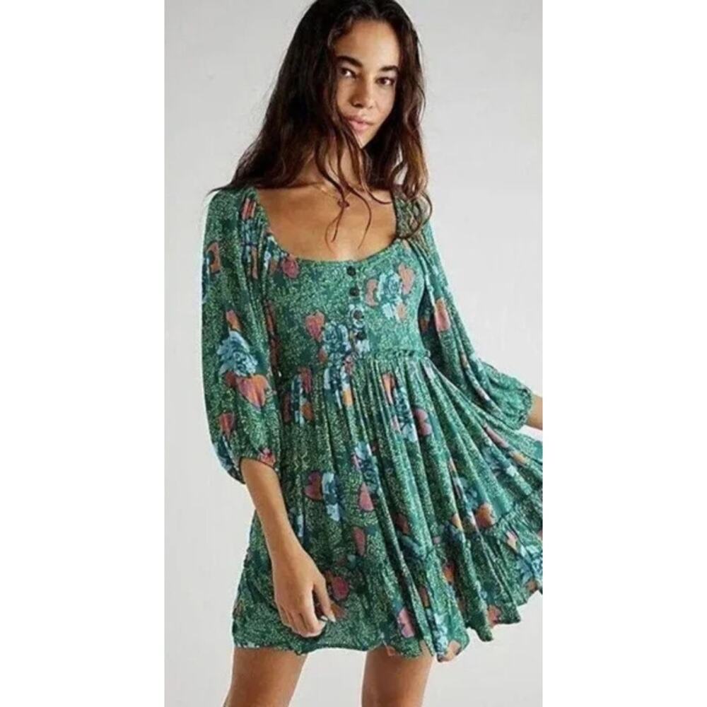 Free People Womens Endless Summer Picnic Printed Smocked Mini Dress Green Floral